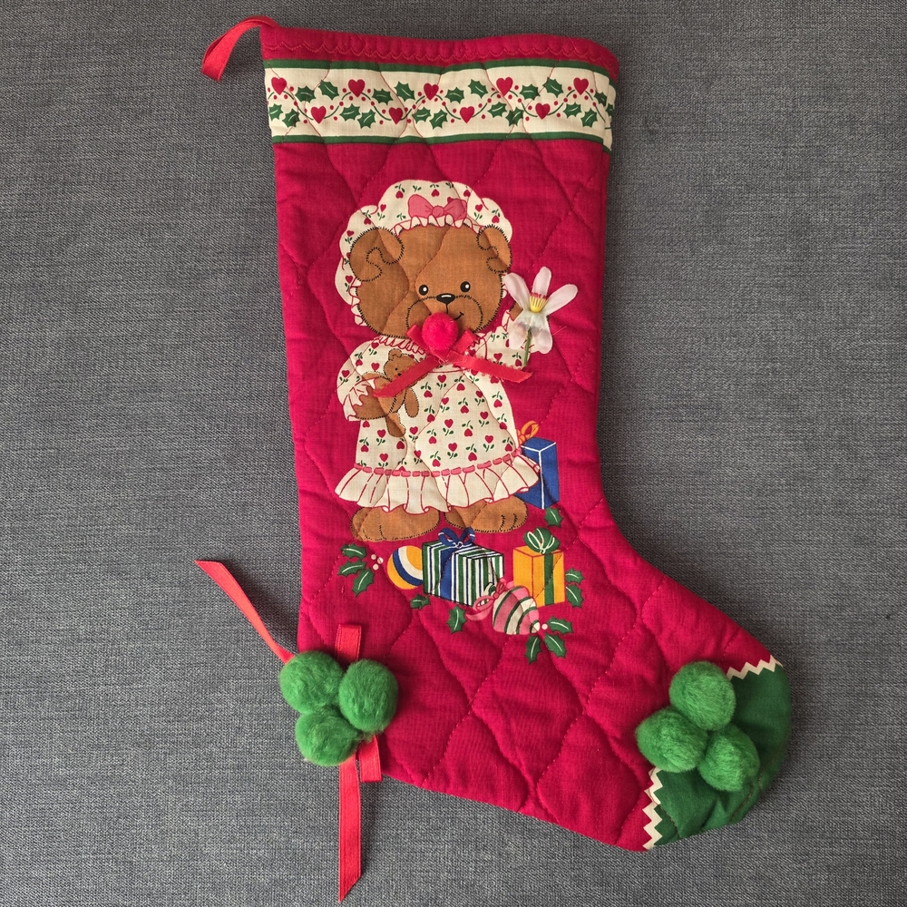 Vintage Teddy Bear Christmas Stocking Quilt Knit Pom Pom Cottagecore Retro Decor